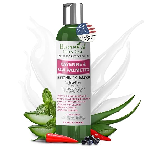 Cayenne & Saw Palmetto Biotin Shampoo for Thinning Hair Vegan Volumizing Shampoo for Fine Hair with B Vitamins Argan Oil, Strengthening, Paraben, Silicone and Sulfate Free. Made in USA