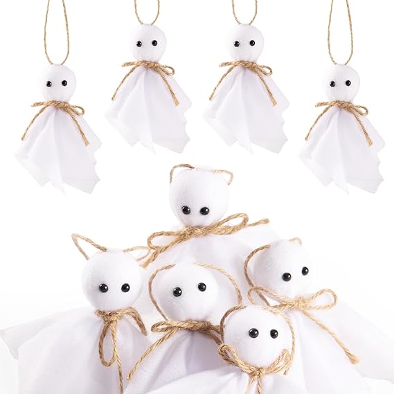 12 Pcs Halloween Ghost Hanging Ornaments- 4 Inch Small Hanging Ghosts Farmhouse Rustic Cloth Ghosts Hanging Decoration for Haunted House Party Yard Patio Tree Decor