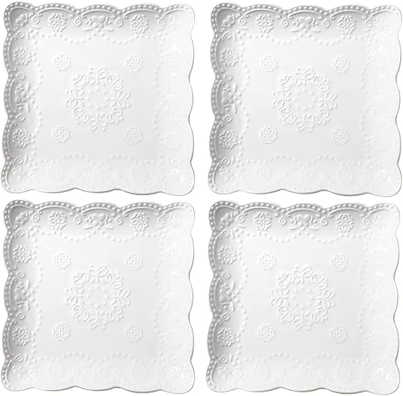Ceramic Plate, Square Embossed Lace Plate, 4pcs (6-inch)