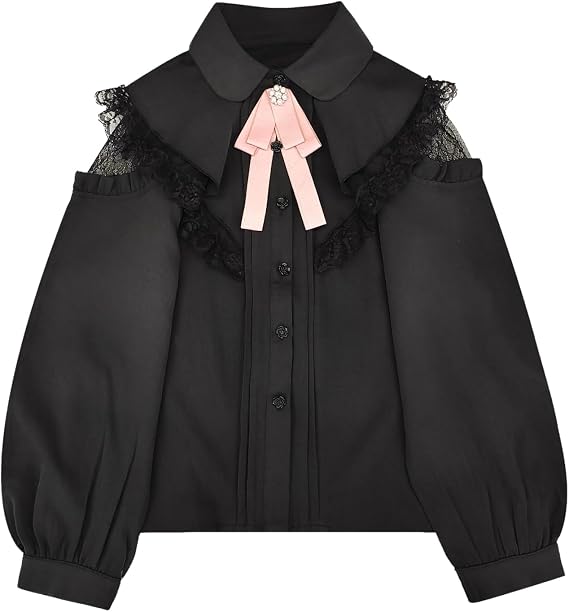 Fancy Lolita Blouse Women Long Sleeve Shirts Cute Elegant Ruffle Dressy Casual Lace Button Down Top with Bow