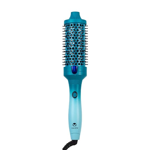 Calista FAUXblo Thermal Blowout Brush, Heated Airless Round Styling Brush for Smooth, Shiny Volume, 365F Single Heat Setting, 1.77" Size, Dual Voltage, Timeless Teal | Single 365F heat setting; dual voltage; dual-row easy-glide teeth reduce tangles; includes thermal protective glove