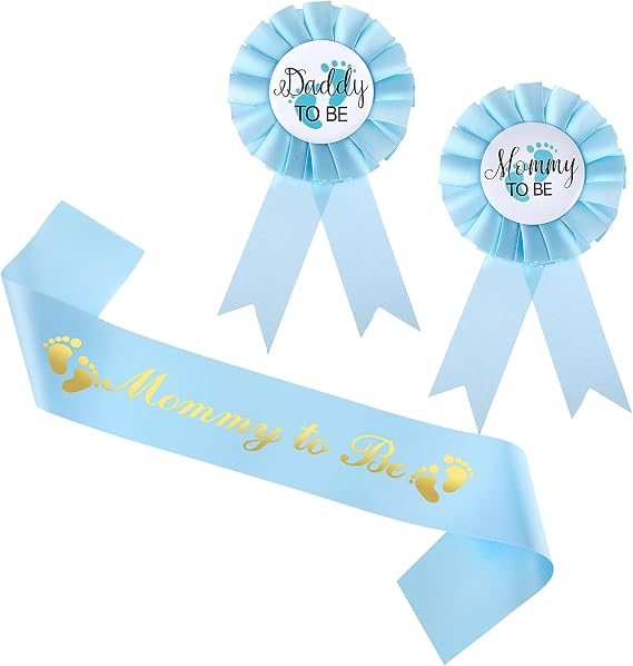Bremorou Mom To Be Sash, 3 PCS Mommy To Be Sash Baby Shower Sash Mommy To Be Pin Daddy To Be Pin Baby Shower Sash For Mommy For Pregnant Mommy And Daddy Mom To Be Baby Shower Decoration(Blue)