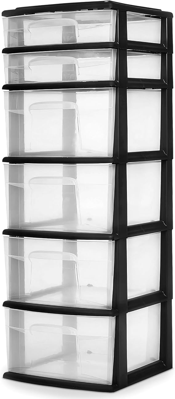 HOMZ Drawer Tower, 6-Tier Storage Cart with Removable Wheels, Black Frame | Plastic Organizer with Clear Bin Drawers for Bedroom, Bathroom, Home Office, and Dorm Rooms