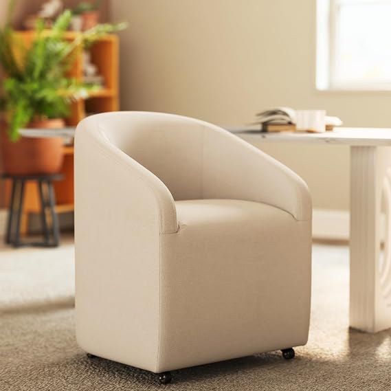 HEAH-YO Linen Dining Chair with Casters, Upholstered Barrel Dining Chair, Accent Armchair with Rollers,Kitchen Chair for Dining Room/Living Room/Bedroom, 1 PC, Beige