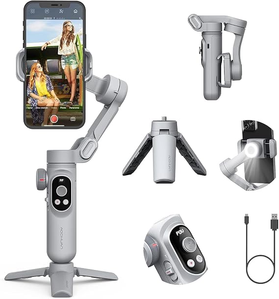AOCHUAN SMART X PRO Smartphone Gimbal Folding Handheld Stabilizer with Zoom Button, OLED Screen, Adjustable LED Light, Compatible with Android Phones and iPhone 15/14/13/12/11 Pro/Max XS Max, 3-Axis
