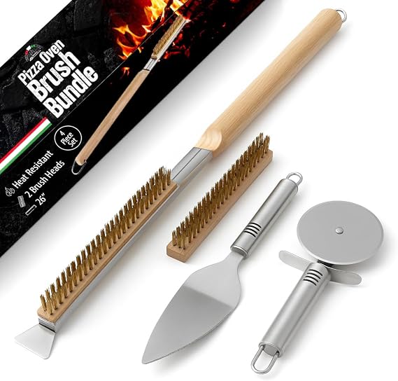 Essential Pizza Oven Accessories Kit- Includes Extra-Long Wooden Handle, 2 Brush Heads with Stainless Steel, Heat-Proof Bristles- + Slicer & Server |Works on Gozney, Blackstone & Pizza Ovens
