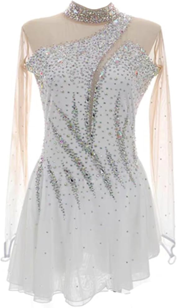 Figure Skating Dress,Girls Women Large Area of Diamonds Flowing Ice Skating Performance Competition Wear Costume White