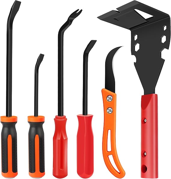 Trim Removal Tool, 6PCS Pry Bar Set with Trim Puller, Pry Bar, Auto Clip Removal Tool, Linoleum Cutter, Trim Puller Tool for Baseboard, Molding, Siding, Pry Tool for Car Wood Floor Home Work Furniture