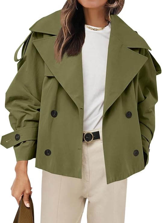 Tankaneo Womens Cropped Trench Double Breasted Short Jacket with Belt | Office, Work, Fall Fashion, Outerwear, Button Down