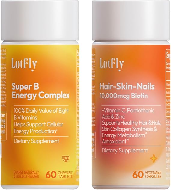 Biotin 10000 mcg & Vitamin B Complex Bundle Hair, Skin, Nail & Energy Support for Men & Women with B1-B12, Taurine, Zinc, Vitamin C & More 60 Vegan Capsules + 60 Chewable Tablets 60-Day