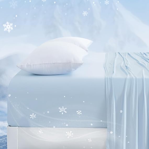 PHF Luxury Cooling Fitted Sheet Queen Size for Spring Summer, Breathable Q-Max > 0.47 Widen 18" Deep Pocket Silky Bottom Sheet for Hot Sleeper Night Sweats, Ice Blue