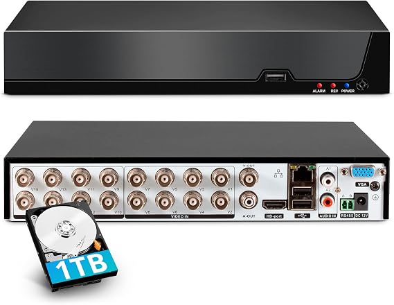 2026 Upgraded16 Channel Security DVR System with 1TB Hard Drive Hybrid 6-in-1 DVR Recorder for 5MP/4K/1080P Cameras (TVI/AHD/CVI/CVBS/IP), Human Detection, 24/7 Recording Remote View on Phone/PC/TV