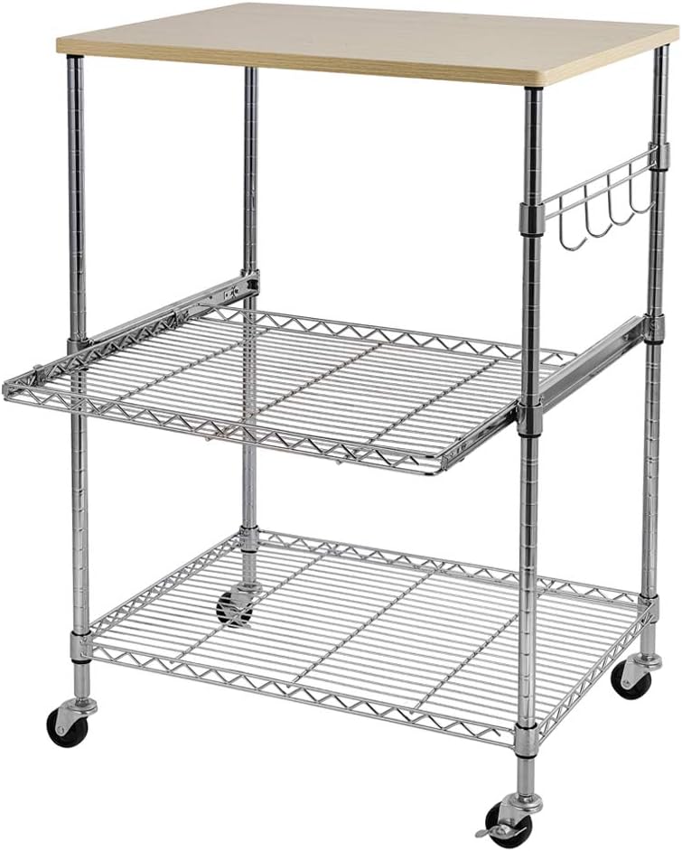 Kitchen Microwave Cart on Wheels, Wire Rolling Cart with 4 Chrome Hooks, 3 Tier Bakers Rack with Wood Table, Slides Out Shelves, 24L x 18W x 33.5H Inches, ChromeWood