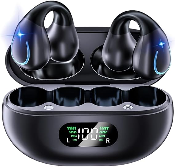 Open Ear Clip On Earbuds Wireless Bluetooth 5.3 bone conduction Headphones with LED Digital Display Charging Case Sport Earphones Built-in Mic IPX7 Waterproof for Running Walking, Workout Fitness