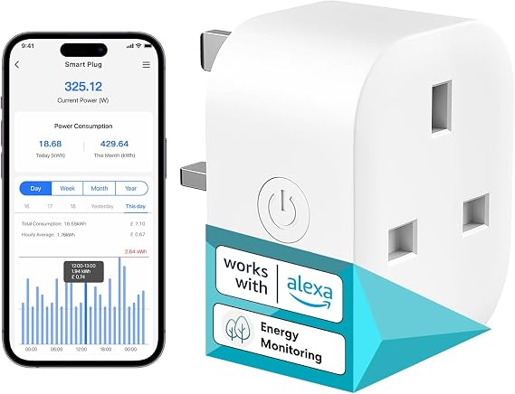 Meross MSS305 Mini Smart Plug with Energy Monitoring 1-Pack | WiFi Plug Compatible with Alexa, Google Home and SmartThings, Remote Control Timer Socket, No Hub Required, 13A