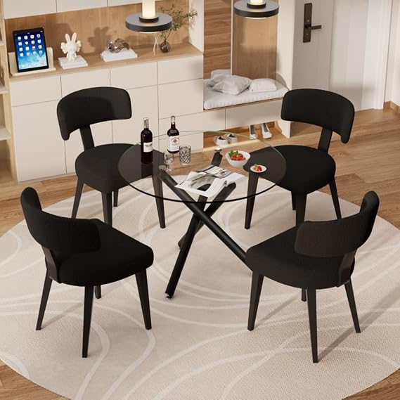 Round Dining Table Set for 4, 5-Piece Kitchen Table and Boucle Chairs for 4, 36" Round Dining Room Table Set with 4 Chairs, Glass Dining Table with Metal Legs for Kitchen, Living Room, Black