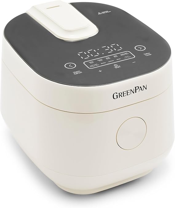 GreenPan Rice Cooker, 8 Cups Cooked (4 Uncooked), Low-Carb & Soup Mode,10 ONE-TOUCH Cooking Presets, PFAS-Free Ceramic Steamer Basket, Fuzzy Logic, Auto Keep Warm, Oats, 24HR Delay Timer, Cream