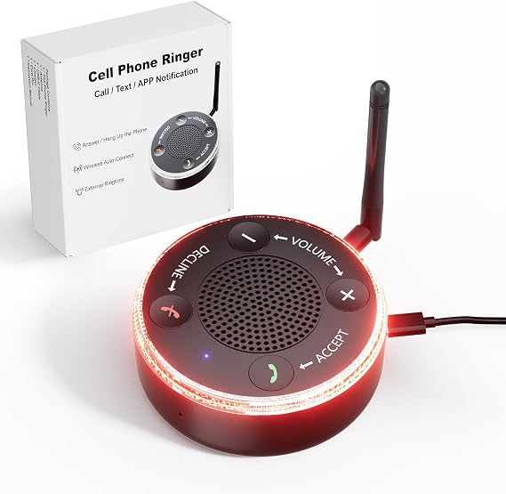 Cell Phone Ringer Amplifier & Flasher - 116dB Ultra Loud & Bright Red-Blue Flash, One-Touch Answer/Decline, Wireless Pairing for Hard of Hearing/Seniors/Deep Sleepers/Noisy Spaces/Home