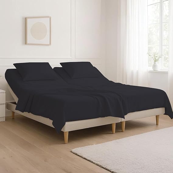 Split Top Queen Sheets Sets for Adjustable Beds 800 Thread Count 100% Egyptian Cotton 4Pcs Bed Sheets - 18" Inch Deep Pocket- Split Down 28" inches from The Top - Black Solid