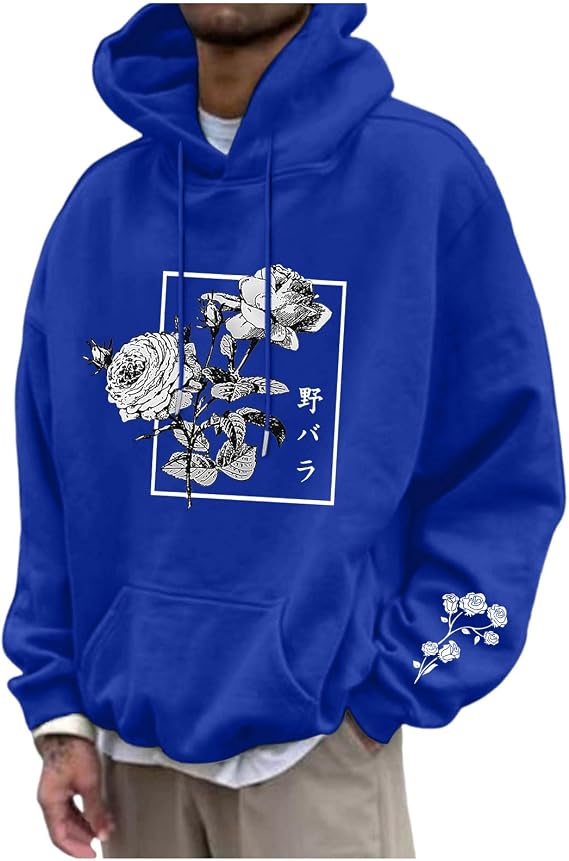 Hoodies for Men Vintage Floral Print Oversized Pullover Shirts Casual Graphic Hoodie Drawstring Long Sleeve Sweatshirt Classic Fleece Hooded Top Ribbed Cuff Pull Over Jumper Loose Fit Winter Sweater