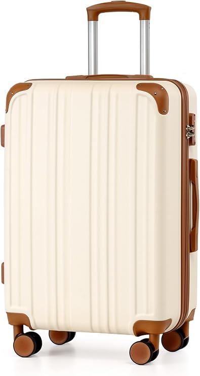 Coolife Luggage, Lightweight and Durable Hardshell, 24 in, apricot white | Checked Suitcase with ABS Hardshell, 360 Dual Spinner Wheels, TSA Lock, YKK Zipper, and Aluminum Handle
