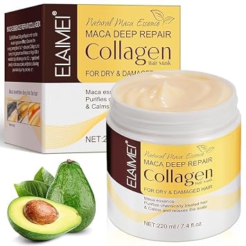 Collagen Hair Treatment Mask, Deep Repair Conditioning Hair Mask with Collagen, Maca, Avocado Oil for All Hair Types, 7.4 FL OZ