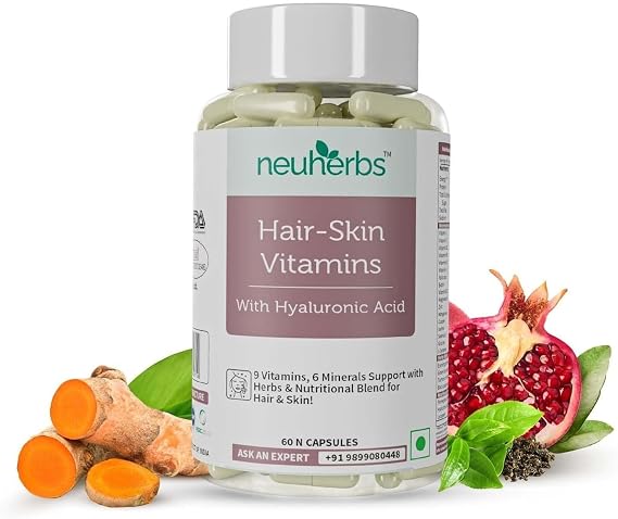 Hair Skin Vitamins Supplement with Hyaluronic Acid, Biotin, Keratin Booster for Hair Growth, Turmeric, Primrose Oil & Collagen Supporter- 60 Capsules for Men and Women