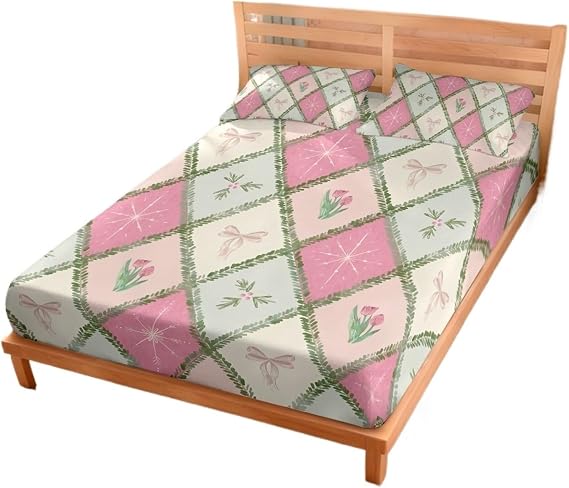 3pcs Checkered Floral Print Coreless Bed Sheet Set with Multiple Sizes Soft Covers Bedroom Bedding Decorations(120x200cm)