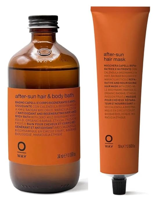 0way AFTER-SUN Hair & Body Bath Shampoo & AFTER-SUN Hair Mask Duo Set Kit Conditioner - Made in Italy, Biodynamic Ingredients, Protects UV Sun & Heat Damage (Shampoo (8.1 oz) + Mask (5 oz))