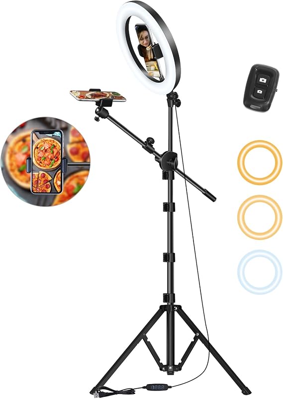 LUXSURE 10.5" Ring Light with Stand 75'' Tall and 2 Phone Holder, Overhead Tripod with Remote for iPhone, Tripod with Ring Light for Cooking/Live Stream/Video Recording