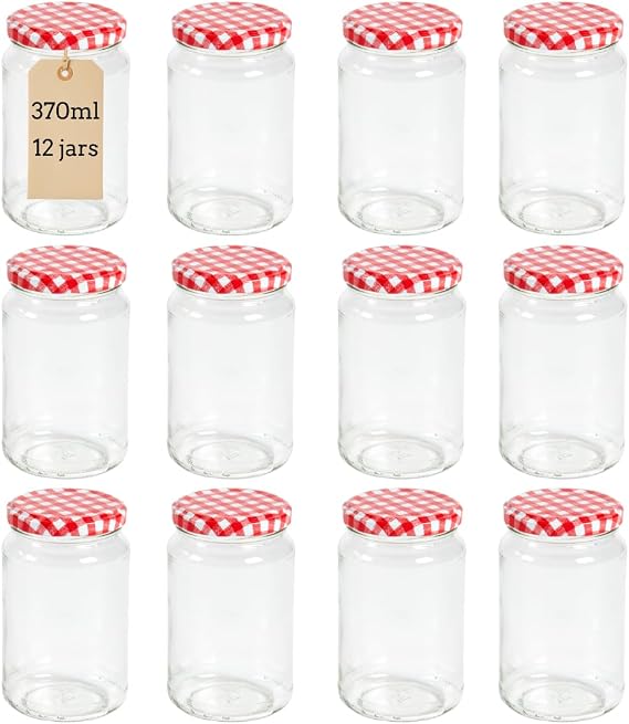 Nutley's 12 × 370ml, 1lb Jam Jars with Twist Off Red Gingham Lids – Glass Preserve Jars for Jam, Pickles, Chutneys, Sauces & Homemade Preserves