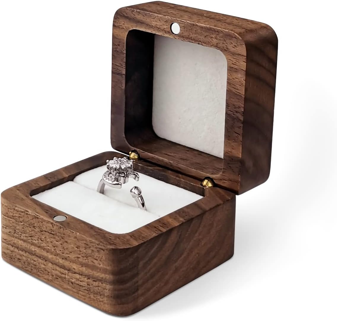 WisePoint Personalized Wooden Ring Box, Mini Engagement Ring Holder Box with Single Slot, Square Wedding Ring Box for Ring, Elegant and Retro Ring Holder Box for Wedding, Ceremony white