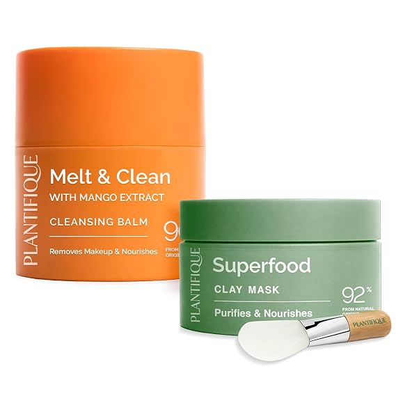 PLANTIFIQUE Korean Skincare Clay Mask Hydrating Mud Mask, 110 g & Korean Cleansing Balm Hydrating Makeup Remover - Removes Waterproof Makeup & Sunscreen, Balsamo Desmaquillante - 40 g