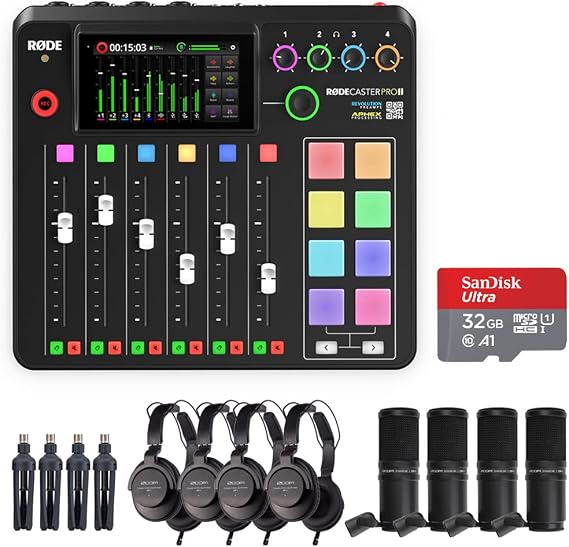 Rode RODECaster Pro II Integrated Audio Production Studio Bundle with 4x Zoom ZDM-1 Podcast Mic Pack and 32GB microSDHC Memory Card | Includes 4x Zoom ZDM-1 Podcast Mic Pack and 32GB microSDHC Memory Card