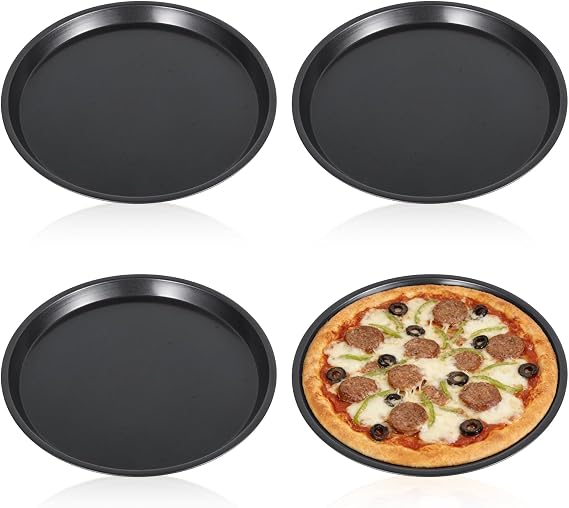 4 Pcs Small Griddle Pan, 9.5'' Round Pizza Pan, Camping Skillets, Mini Steel Griddle for BBQ Cooking, Baking, Grilling, Frying, in the Oven, on the Stove or Grill, Black