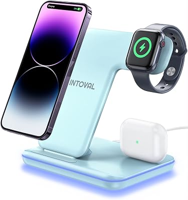 Intoval Charging Station for Apple iPhoneiWatchAirpods, 3 in 1 Wireless Charger for iPhone151413Pro, Pro Max 1211XSXR, iWatch98Ultra76SE5432, Airpods Pro2Pro1321 Z5,Misty Blue