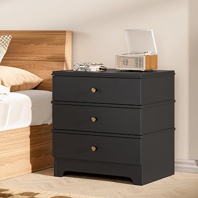 3 Drawer Nightstand with Charging Station,24 Farmhouse Night Stand, Small Chest of Drawers, Wood Bedside Table Cabinet for Bedroom, Living Room, Hallway, Black