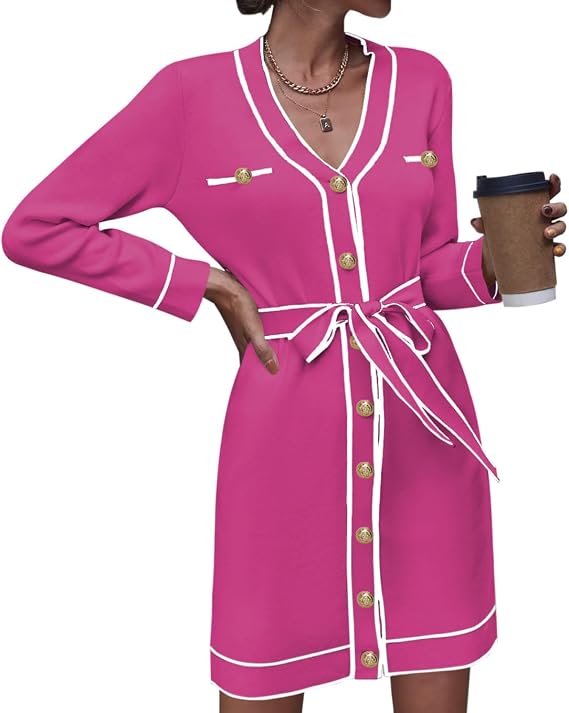 Pink Queen Women's Long Sleeve Button Down Sweater Dress Elegant V Neck Open Front Color Block Knit Cardiagns with Belt