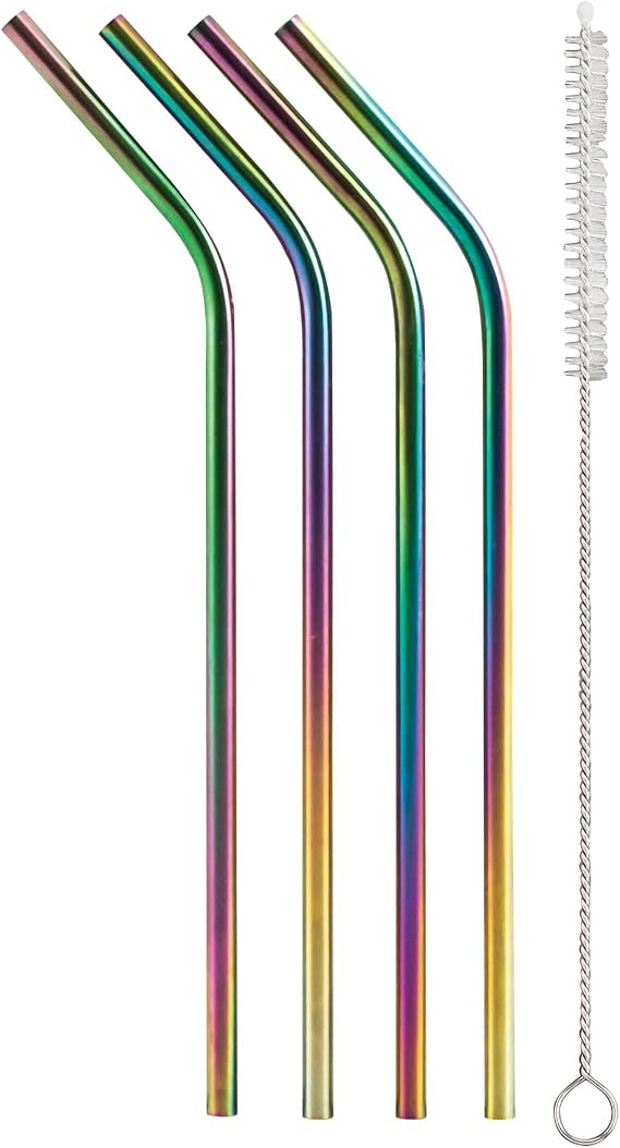 HIC Kitchen Reusable Rainbow Drinking Straws, 18/8 Stainless Steel, Set of 4 Straws with Cleaning Brush