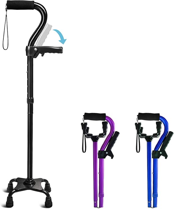 Adjustable Walking Cane for Men & Women with 4-Pronged Base for Extra Stability - Foldable Cane for Seniors with Foam Padded Offset Handle for Soft Grip & a Second Handle for Standing