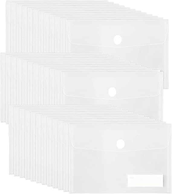 Plastic Envelope, Clear Poly Envelope with Pocket, 36 Pack, A5 Size, File Bags Document Pouch Organizer with Hoop & Loop Closure, Office School Suppliers Reusable and Waterproof