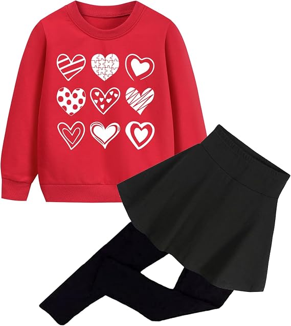DDSOL Girls Valentines Outfits 2 Piece Love Heart Clothing Set Long Sleeve Sweatshirt Top + Long Pantskirt for Age 2-10 Years