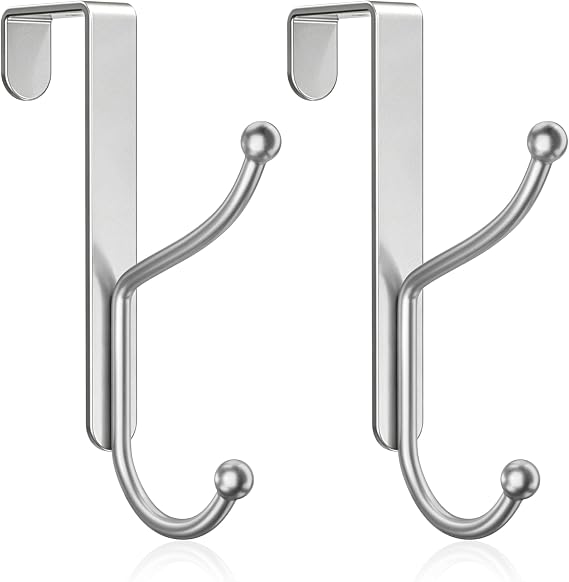 niffgaff Over Door Hook 2-Pack, Heavy Duty Door Hanger, Fits Interior Doors 1.4 Inches Thick, Organize Coats, Hats, Towels, and Bags for Entryways, Bathrooms, Bedrooms, and Kitchens, Silver