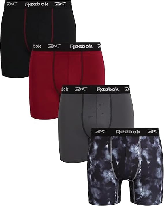 Reebok Mens Boxer Briefs 4 Pack Performance Underwear with Pouch 6" Inseam