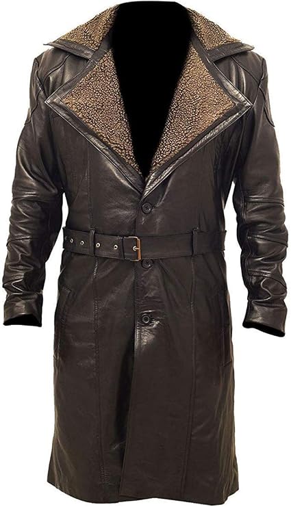 WW2 Trench Coat - Mens German WW2 Brown Belted Fur Real Leather Trench Long Winter Coat Jacket