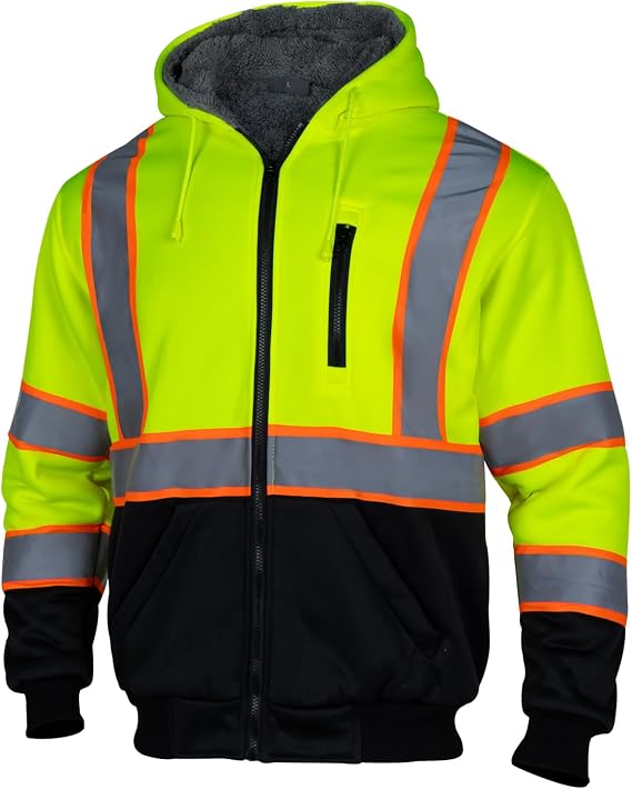 Men's High Visibility Fleece Lined Safety Hoodie,Reflective Winter Bomber Jacket,Hi Vis Construction Workwear