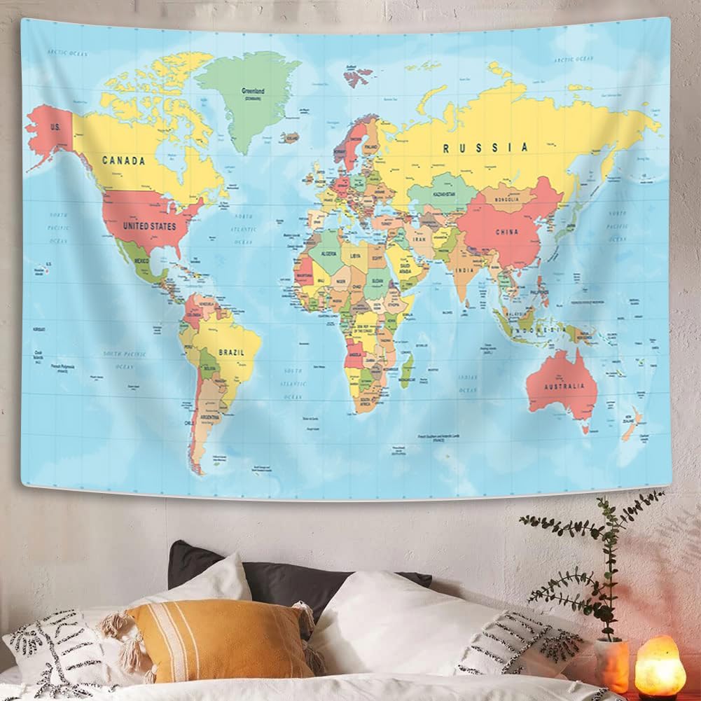 World Map Tapestry, World Maps for Wall, Asia Europe South City Topography America Africa Japan Poster Tapestries, Educational Kids Student Map of World for Bedroom Living Room Home Office, 90X70in