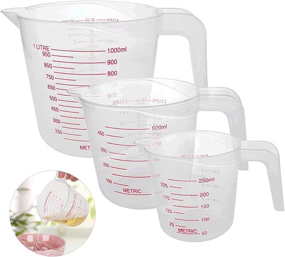 Lekeeu Plastic Measuring Jugs 3PCS, Kitchen Baking Jugs Set Measuring Cups | 250ML/500ML/1000ML Clear Measuring Cup Graduated Beakers Mixing Cups for Cooking Baking, Easy to Read Measurements