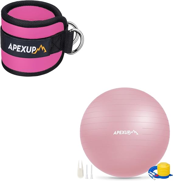 APEXUP Yoga Ball Exercise Ball (M (19"~22) 55cm) + Ankle Strap for Cable Machine