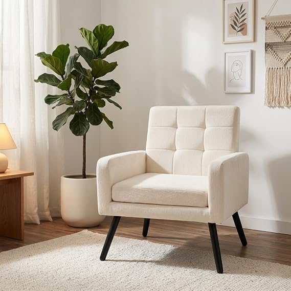 Accent Chair for Living Room, Comfy Upholstered Armchair, Cream | Mid-Century Modern Single Sofa Reading Chair, Large Seat & 496 Lb. Weight Capacity, Dual Armrests, for Bedroom, Apartment